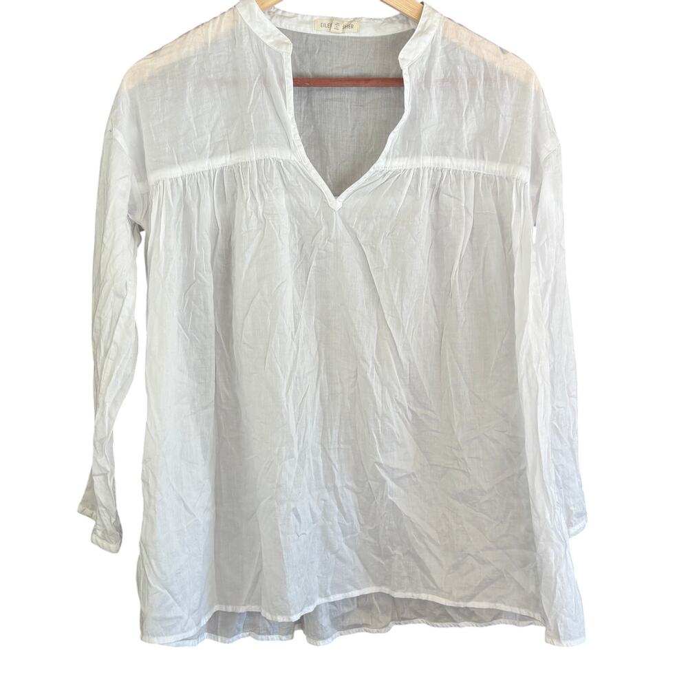 Eileen Fisher Split Neck Gauze Top XXS White Blouse Shirt Coastal Minimalist